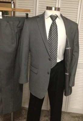 PERRY ELLIS SLIM FIT MENS GRAY DOUBLE VENTED 2 PIECE SUIT SIZE: 42R  PANTS 38x30 - Image 1 of 4