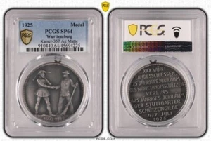 Germany Weimar Wurttemberg Silver Shooting Medal 1925 PCGS SP64 Crossbow & Gun - Picture 1 of 1