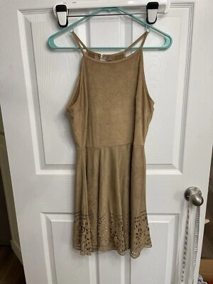Derek Heart Dress Womens Medium Tan Suede Sleeveless Fit & Flare Eyelet Lined - Image 1 of 4