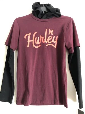 Camiseta HURLEY BOYS MANGA LARGA CON CAPUCHA GRÁFICA GRANATE NEGRA TALLA L - NUEVA CON ETIQUETAS Foto 1 de 2