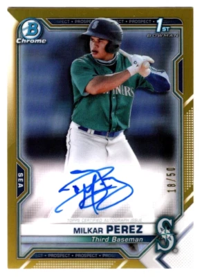 Milkar Perez 2021 Bowman Chrome 1st Year Gold Refractor Autograph Auto 18/50 M's - Image 1 of 2