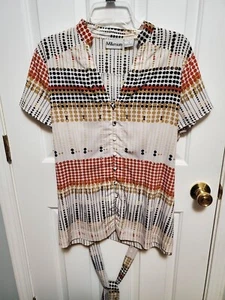 Mellenium Women’s Button Front Top Sz 1X Multicolor Polka Dot Tie at Waist - Picture 1 of 6