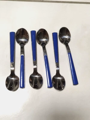 WMF Torino , 6 x  Espresso-/ Mokkalöffel  11,2 cm, Blau mit grünem Punkt  NEU - Bild 1 von 3