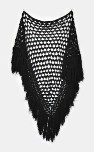 Vintage Hand Crochet Black Tassel Big Shawl Scarf - Picture 1 of 13