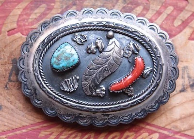 Hebilla de cinturón occidental coral turquesa nativo americano Benson Sam hecha a mano de colección   Foto 1 de 3