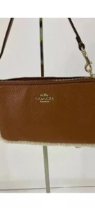 NWT COACH Saddle Brown Pebbled Leather & Shearling Top Zip Pouch Wristlet - Picture 1 of 8