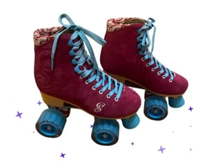 Candi Girl Sabina Roller Skates Womens Size 5 Youth Sz 6 Pink Suede Blue Wheels - Picture 1 of 18