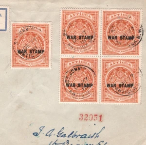 ANTIGUA Cover *WAR TAX* 1.5d BLOCK{4} St John's Registered 1919 New York MA2025 - Picture 1 of 10