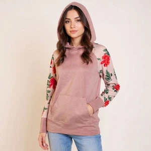LuLaRoe Amber Small Dusty Rose Pink and Red Rose Lightweight Hoodie - Picture 1 of 5