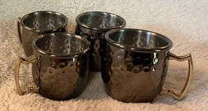 Moscow Mule Mugs Set of 4 Black Pure Solid Hammered Stainless Steel - Picture 1 of 4