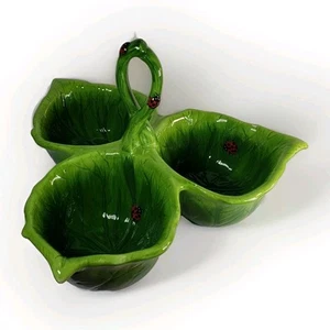 Pier 1 Imports 3 Section Ceramic Green Leaf Serving Dish W/ Handle - Ladybug - Picture 1 of 7