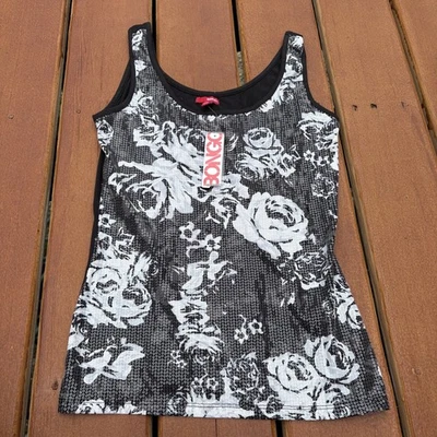 Бонго блестки Майка женщин средний черный Роза цветочный принт Y2K новый с Ярлыками - Изображение 1 из 3