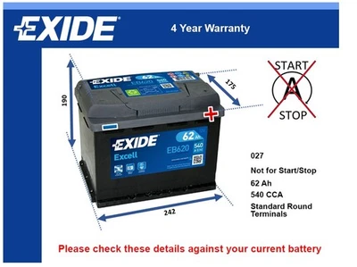 Battery fits SKODA CITIGO YETI KAMIQ SCALA FABIA RAPID PICK UP Exide 027 - Image 1 of 4