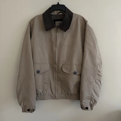 Vintage Beige LL Bean Jacket Leather Collar Military Bomber Harrington - Medium - Image 1 of 4