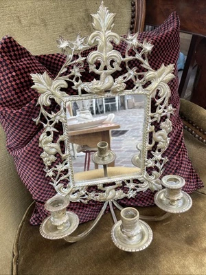 Ancien Miroir Bougeoir Bronze Massif  Applique Murale Salamandres - Photo 1/4