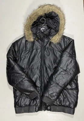 Black Leather Puffer Coat Fur Trimmed Hood / Hoodie Jacket Mens Full Zip Sz: 3XL - Image 1 of 4