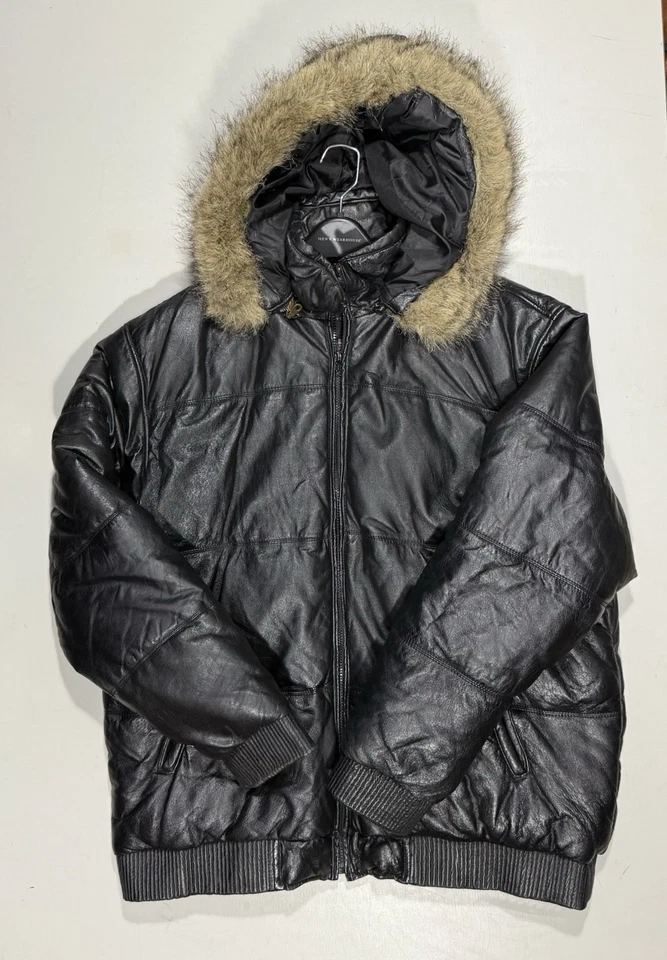 Black Leather Puffer Coat Fur Trimmed Hood / Hoodie Jacket Mens Full Zip Sz: 3XL - Image 1 of 4