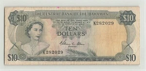BAHAMAS $10 Dollars 1974, P-38b, Sign: Allen, K282029, QEII Banknote, Original. - Picture 1 of 2