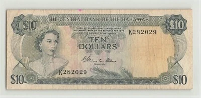 BAHAMAS $10 Dollars 1974, P-38b, Sign: Allen, K282029, QEII Banknote, Original. - Image 1 of 2