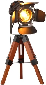 Industrial Tripod Floor Table Lamp Vintage Wood Cinema Searchlight Standing Ligh - Picture 1 of 6
