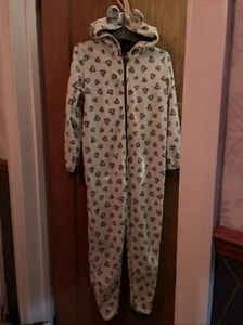 Fleece Hearts one piece pyjamas Age 10 - Picture 1 of 7