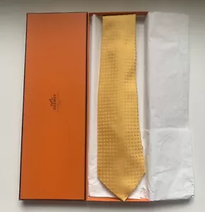 HERMES Necktie Tie Orange/Yellow H pattern 100% Silk made in France H8189 - Picture 1 of 3