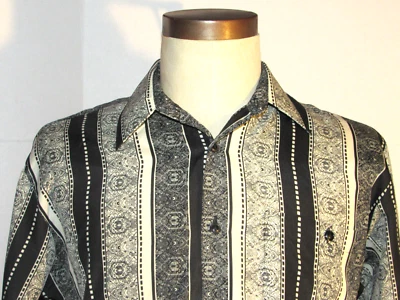 VINTAGE MEN'S 1980s 'MILANO BAY' BLACK LACE PATTERN LONG SLEEVE SHIRT! 15/33.5 - Image 1 of 4