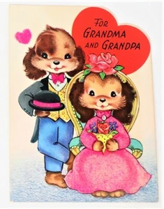 Happy Valentines Day Stanzkarte für Großeltern 2 Hunde Hut Blumenstrauß - Bild 1 von 4