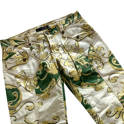 Just Cavalli Roberto Cavalli Cropped Capri Pants 46 / 10 Green Filligree Paisley - Image 1 of 4