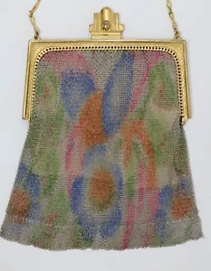 1920s Antique Flapper Purse Whiting & Davis ELASAH Painted Mesh Evening Handbag - Picture 1 of 14