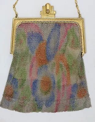 1920 年代古董 Flapper 钱包 Whiting & Davis ELASAH 着色网眼晚装手提包 — 第 1/4 张图片