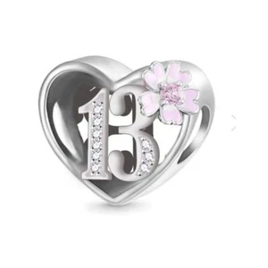 S925 Sterling Silver 13th Birthday Pink Flower Heart Charm by YOUnique Designs - Bild 1 von 1