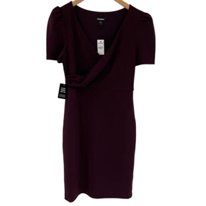 Express Short Puff Sleeve V-Neck Sheath Dress Knee Length Women Small Wine NWT - Picture 1 of 8