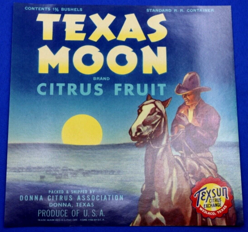 Original Vintage Texas Moon Brand Citrus Fruit Crate Label Donna Citrus Assoc. - Image 1 of 1