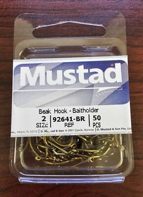 50 MUSTAD 92641-BR SIZE 2 Beak Hook Baitholder Forged Offset Down Eye Bronze - Image 1 of 2