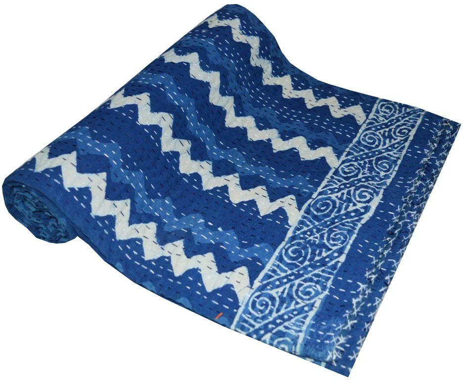 Colcha indiana feita à mão com estampa de bloco bordado Kantha cobertor duplo - Imagem 1 de 4