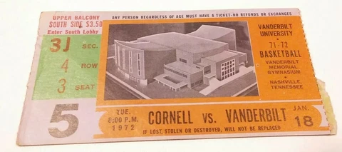 1971-72 Vanderbilt Commodores Cornell Basketball Ticket Stub Cover