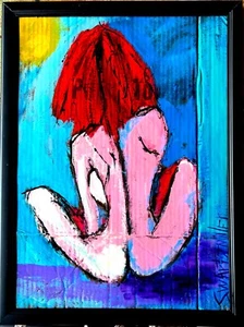 HOT REDHEAD LADY Painting UPCYCLED SWARTZMILLER DNA SIGNED ART unique COLORFUL - Picture 1 of 12