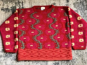 b.g.day Hand Knitted 100% Pure New Wool Chunky Knit Sweater Small Bright Floral - Picture 1 of 7