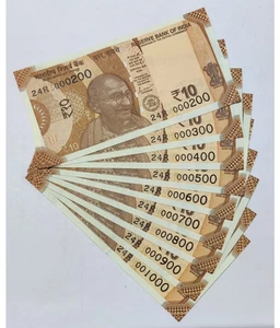 10 Rupee 000200-001000 Super Fancy Number 9 Notes UNC Set - Picture 1 of 2