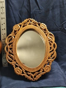 Carved Wood Framed Wall Mirror made in India / Vintage Carved Wood  10" X 12" - Picture 1 of 12