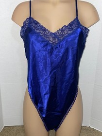 M Vtg VICTORIA'S SECRET Silky SATIN Lace Bodysuit Teddy Gold Label Purple/Blue