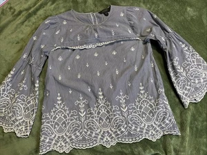 J. Crew Top Small Blue Striped Embroidered Bell Sleeve Cotton Poplin Blouse - Picture 1 of 11
