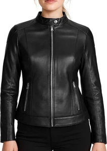 Giacca Da Donna in Pelle Di Agnello Premium Nera Liscia Con Design Testurizzato  - Foto 1 di 12