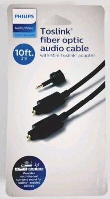 Cable de fibra óptica digital Toslink Philips 10' con mini adaptador - negro  Foto 1 de 4