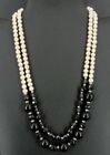 VAR Necklace 2 Strand Pearls Black Onyx and Topaz Beads Sterling Silver Clasp