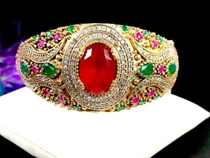 TURKISH 925 STERLING & BRASS NATURAL RUBY EMERALD RED RHINESTONE CUFF BRACELET - Picture 1 of 9
