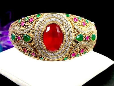 TURKISH 925 STERLING & BRASS NATURAL RUBY EMERALD RED RHINESTONE CUFF BRACELET - Image 1 of 4