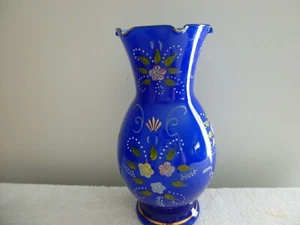 Blue 9 3/4" Tall Flower Vase. Hand Painted Floral Pattern. Gold Trimming - Picture 1 of 6