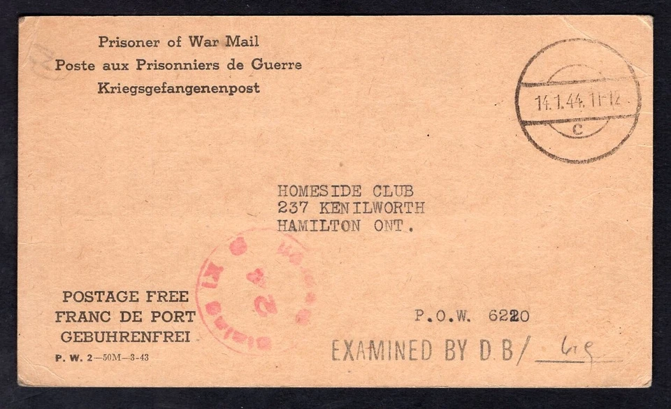 Canada WW2 Military 1944 Postcard from POW Camp IXc Germany to Hamilton - Image 1 of 2